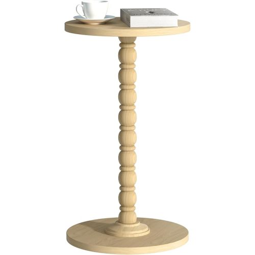 Modern Round Small End Table for Small Spaces, Pedestal Corner Side Table with Solid Wood Leg, Vintage Couch Drink Table for Sofa, Accent Coffee Tea Table for Living Room Bedroom, Natural