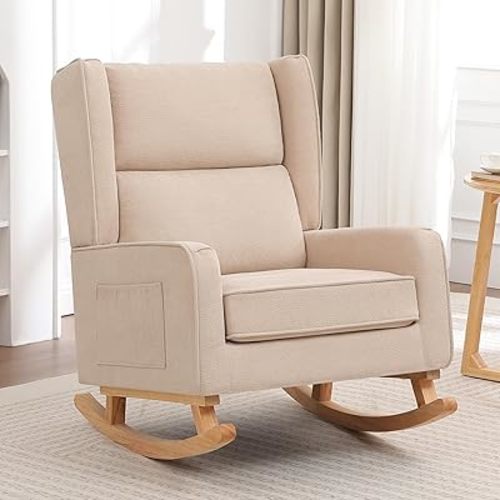 Nursery Rocking Chairs, Rocking Chair Nursery for Mom Nursery Rocker with High Backrest and Solid Wood Legs, Khaki Modern Wingback Accent Chair for Reading Living Room Bedroom