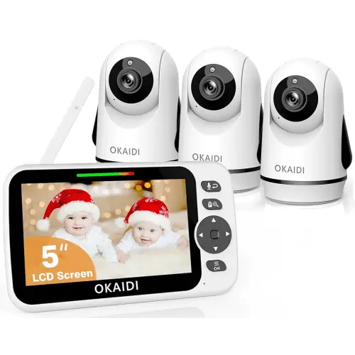 OKAIDI Video Baby Monitor with 3 Cameras, 5" Display Baby Monitor No WiFi, 30H Battery and 1000ft Range, 2-Way Talk, 8 Lullabies, Remote Pan-Tilt-Zoom Baby Camera for Baby/Pet/Elderly