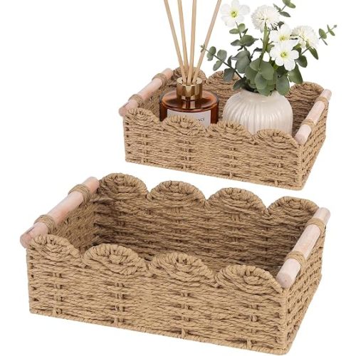 iEGrow Paper Rope Small Storage Baskets for Organizing, Set of 2 Scalloped Edge Wicker Basket with Wooden Handles Toilet Paper Basket for Over Toilet Storage Shelf, Home Decor, Living Room (Neutral)