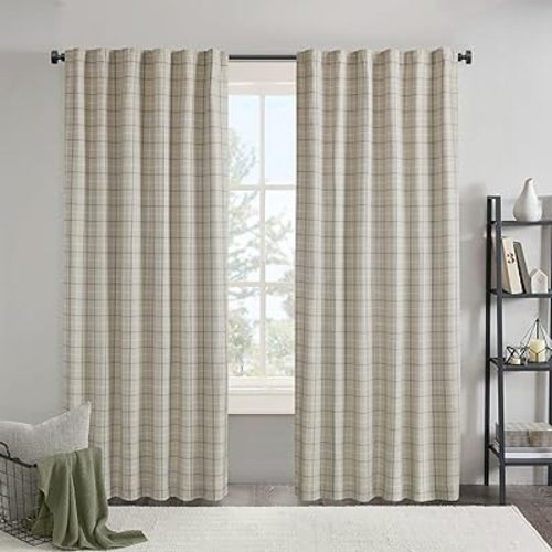 Madison Park Window Curtain for Living Room Thermal Insulated Fleece Lining, Cabin Plaid Curtain Room Darkening Window Drape Bedroom, Anaheim, 1-Single Panel Pack, 50" x 84" Rod Pocket, Linen Blue