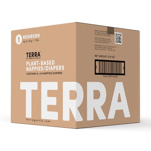 Terra Size 1 Newborn Diapers: 85% Plant-Based, Ultra-Soft & Chemical-Free for Sensitive Skin, Superior Absorbency for Day or Night, Designed for Newborns up to 11 Pounds, 192 Count