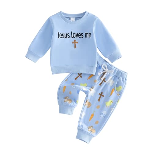 Socutebabe Toddler Baby Boy Easter Outfit Summer Clothes Jesus Loves Me Long Sleeve Sweatshirts Pants Cute Bunny Clothing Set