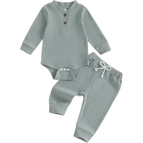 allshope Newborn Baby Boy Fall Outfit Romper Long Sleeve Solid Jumpsuit Bodysuit Elastic Waist Pants Infant Waffle Clothes