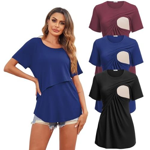 Ekouaer Women's Maternity Shirts Short Sleeves Nursing Tops 3 Pack Double Laye Breastfeeding Tees Pregnancy Clothes S-XXL