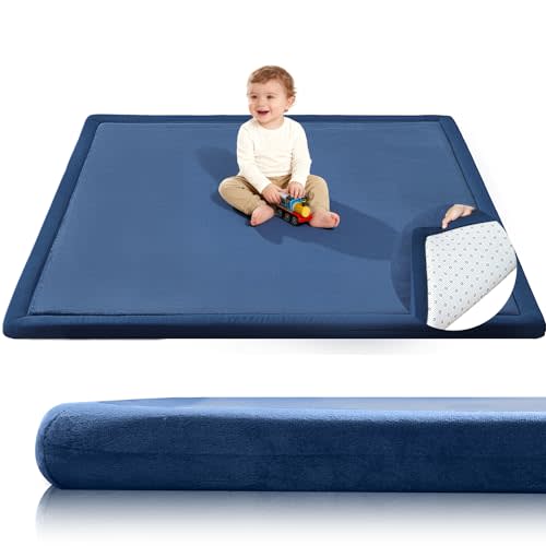 Baby Play Mat for Floor,1.3" Thick 50x50 Playpen Mat,Tummy Time Foam Mats,Plush Soft Padded Playmate for Babies 6-12 Months Crawling,Non-Slip Nursery Rug for Toddler Kids Playroom(Navy Blue)