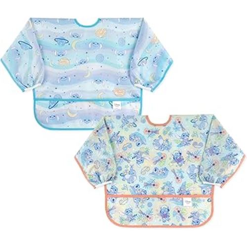 Bumkins Disney Stitch Sleeved Baby Bib – Long Sleeve Waterproof Fabric Feeding Smock with Crumb Catcher Pocket, Adjustable Toddler Apron for Baby Led Weaning, Comfortable for Ages 6–24 Months, 2-pack