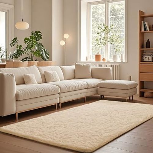 Ophanie Beige Rugs for Living Room Bedroom, 5x8 Fluffy Fuzzy Furry Carpet, Plush Soft Shaggy Bedside Indoor Floor Area Rug for Kids Nursery Home Decor with Over 99 pcs Pile fibers