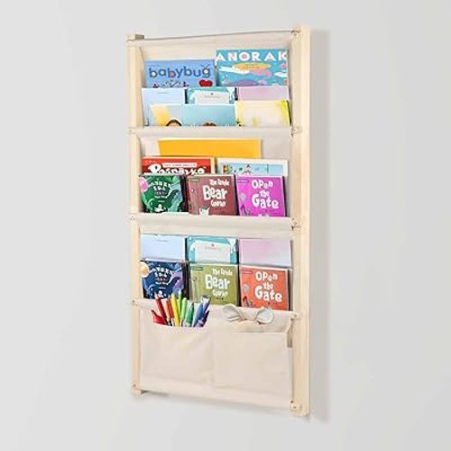 Decorative 4-Tier Wall Mounted Kids Bookshelf,Wood Wall Mounted Montessori Kids Bookshelf, 4 Tier Book Display,Floating Book Shelf for Kids Rooms,Book Shelf Organizer for Toys and Books