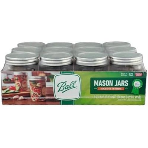 Ball Regular Mouth Mason Jars 8 oz. (12 Pack) - Half Pint Size Jars with Airtight Lids and Bands for Canning, Fermenting, Pickling, Meal Prep or DIY Decors