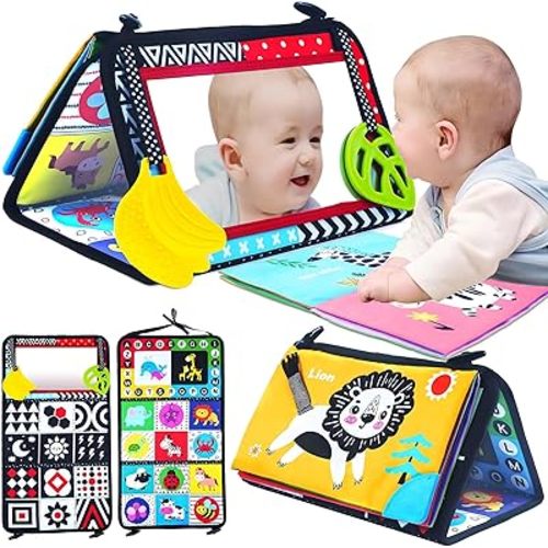 Tummy Time Baby Mirror, Baby Toys Infant Newborn Toys 0 3 Months Brain Development with Crinkle Cloth Book, Black and White High Contrast Baby Toys 4 6 9 12 18 Month Boys Girls Crawling Sensory Toy