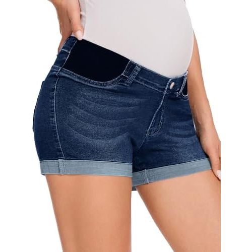 fitglam Women's Maternity Jean Shorts Under Belly Maternity Lounge Denim Shorts Pregnancy Comfy Clothes with Elastic Panel