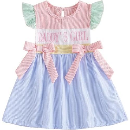 Toddler Baby Girl Summer Clothes Jesus Loves Me Embroidery Smocked Dress Stripe Ruffle Sleeve Dresses Baptism Outfit