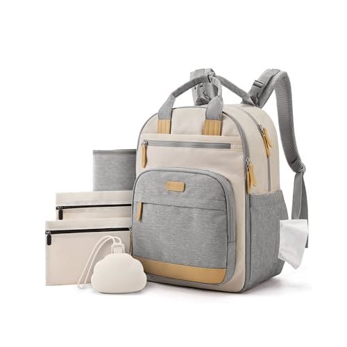 mommore Baby Diaper Bag with Waterproof Changing Pad, Gray White | Backpack Bottle Holders Insulated & Pacifier Case, 2 Organizer Pouches