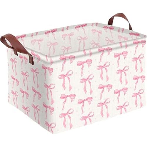 Pink Bow Storage Basket Waterproof Canvas Toy Storage Bin Coquette Room Decor Collapsible Outdoor Basket with Leather Handles Pink Bow Room Decor Blanket Baskets For Closets,Bedrooms,Gifts Baskets