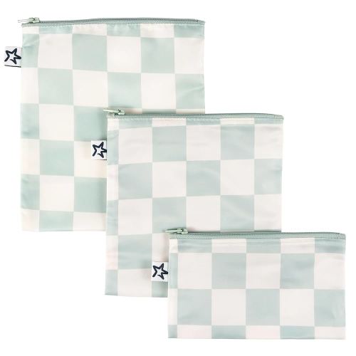 Tiny Twinkle 3 Pack Reusable Snack Bags - Machine Washable, PFAS, PVC, BPA, Phthalate-Free Reusable Baby and Toddler Food Safe Snack Bags (Sage Checkers)