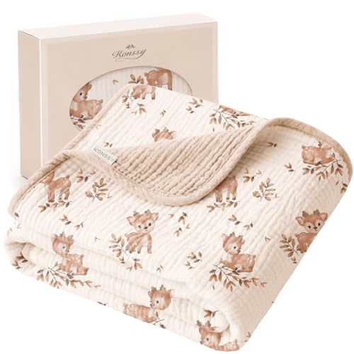 Konssy 100% Cotton Muslin Baby Blanket for Girls Boys, 40"x36" | Soft & Lightweight, 4-Layer Muslin, for Receiving, Swaddling, Crib, Stroller & Nursery, Newborn to Toddler (Deer)