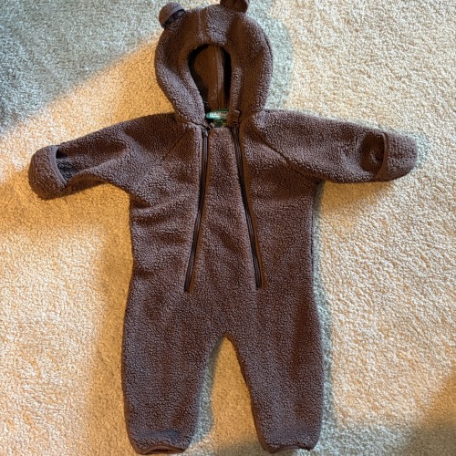LL Bean Fleece Bunting One Piece Infants 3-6 Months Zip Brown Baby Teddy Bear