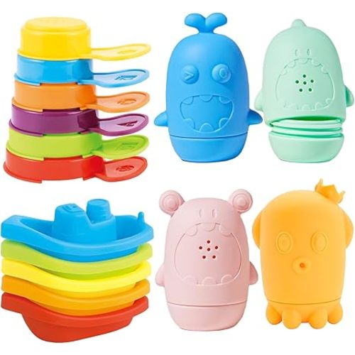 Baby Bath Toys for Kids Ages 1-3, 15PCS Mold Free Bath Toys Toddlers 2-4, Bathtub Pool Water Table Toys, Silicone Bath Toy and Floating Boats & Stacking Spoons for Babies 6-12 Months
