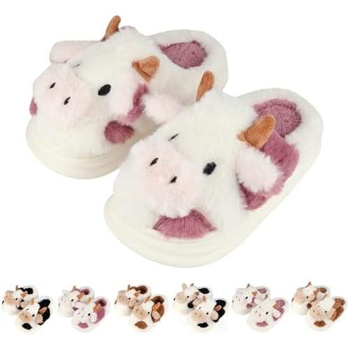 Kids Cow Slippers Toddler Boys Girls Soft Plush House Slippers Cute Animal Winter Comfy Warm Fuzzy Memory Foam Non-slip Indoor Outdoor Shoes