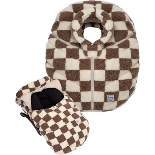 7AM Enfant Car Seat Covers - Cocoon Baby Cover for Boys & Girls, Rain & Snow Repellent, Breathable Windproof, Center Zipper, Universal Fit for Infant Car Seat (0-12M) (Print Checkers Tan)