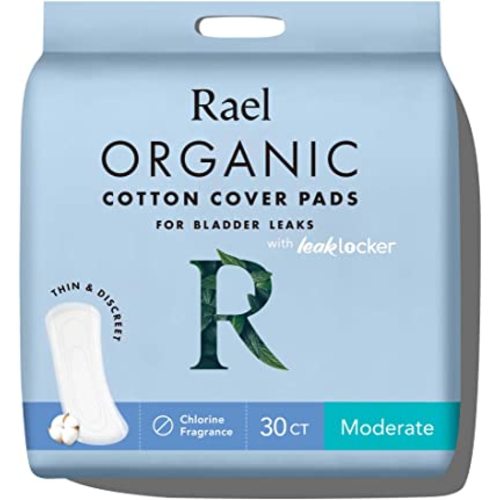 Rael Incontinence Pads for Women, Organic Cotton Cover, Postpartum Essential, Heavy Absorbency, Bladder Control, 4-Layer Core with Leak Guard Technology, Long Length (Moderate, 30 Count)