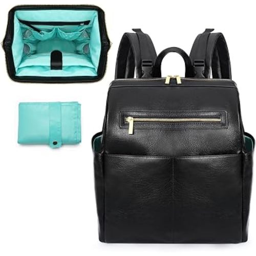 Diaper Bag Backpack, Leather Diaper Bag Baby Bag Large Baby Diaper bag Mommy Bag with 16 Pockets,Hospital Bag, Changing Pad,Black