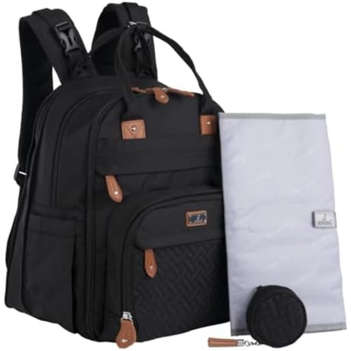 BabbleRoo Extra Large Diaper Bag Backpack, Expandable Baby Bag with Up to 50% More Capacity - Travel Essentials Baby Bag Tote with Changing Pad, Stroller Straps & Pacifier Case - Unisex, Black