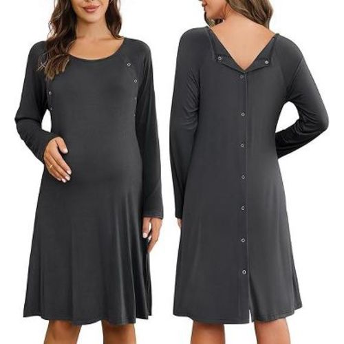 Ekouaer Women Maternity Nightgown Labor Delivery Nursing Gown Hospital Breastfeeding Dress Button Down Long Sleeve Sleepwear Gray XXL
