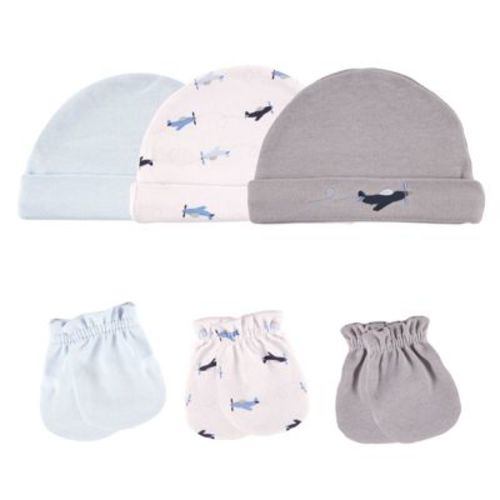 Luvable Friends Baby Boys Cotton Caps and Scratch Mittens 6pk, Airplane, 0-6 Months