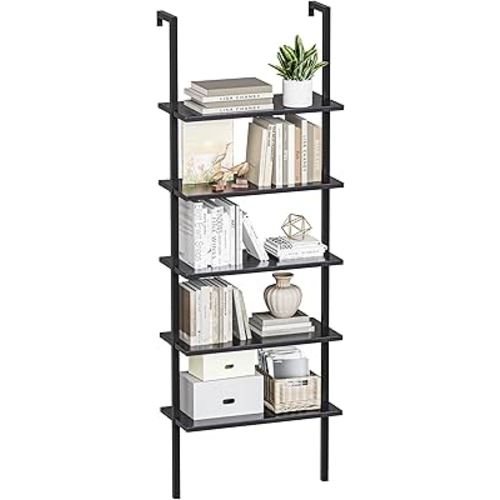 Furmax 5-Tier Bookshelf, Wall Mount Ladder Shelf with Wood Board and Industrial Metal Frame, for Home Office, Living Room, Bedroom, Entryway and Hallway, (1, Black)
