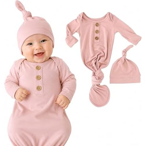 Caden Lane Newborn Knotted Gown with Hat, Soft Bamboo Viscose Baby Sack, Unisex Infant Breathable Night gown Mauve