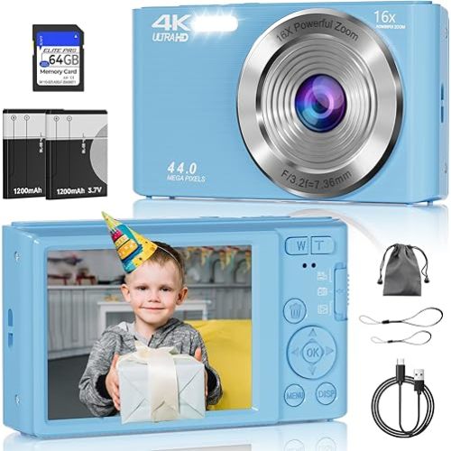Digital Camera, FHD 4K Digital Camera with 64GB SD Card, 44MP Digital Point and Shoot Camera, 16X Digital Zoom, Anti Shake, 3-LED Fill Lights, Compact Camera for Kids Teen Boys Girls, Blue