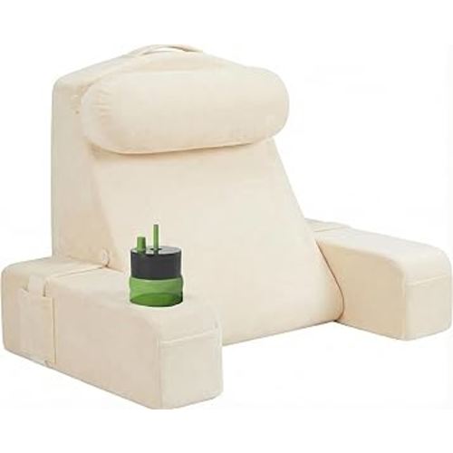 AS AWESLING Reading Pillow for Adults, Back Pillow for Bed Sitting Up, Backrest Pillow for Sitting in Bed, Detachable Arms with Built-in Cup & Phone Caddy (Beige, 21 INCH)