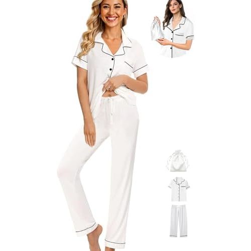 Womens 3Pcs Pajamas Set Soft Pajama Sets Button Down Pjs Set Knit Sleepwear Lounge Sets with Long Pants XS-XXL