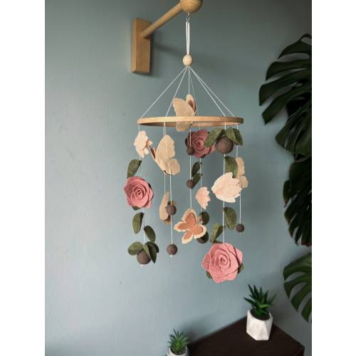 Flowers baby mobile, Butterfly crib mobile, green floral baby mobile, hanging felt mobile, cot mobile for baby girl, flowers nursery decor