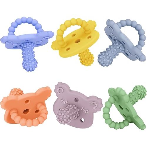 Silicone Teether Pacifier – Massaging Bumps Infant Teething Relief Pacifier, Food-Grade Teething Toys for Safe Chewing, Baby Pacifier Easy to Hold & Freezable for Soothes Sore Gums, BPA Free【6 Pack】