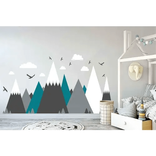 Gray Cream Mountains Wall Sticker Home Decor for Kids Room Nursery - Eagles Pine Trees Clouds Beautiful Art Murals Decal JW373 (Color 2-Teal)