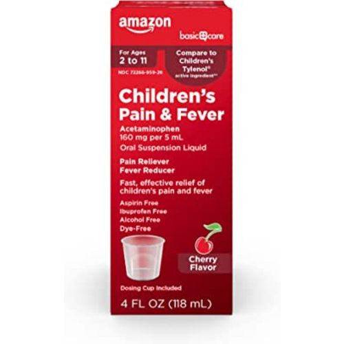 Amazon Basic Care Children's Pain Reliever & Fever Reducer, Acetaminophen 160 mg per 5 mL Oral Suspension Liquid, Dye-Free Cherry Flavor, 4 Fl Oz (Pack of 1)