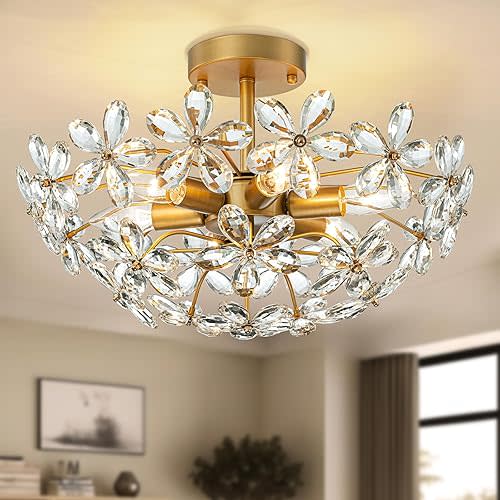LOHOZOM Gold Flower Ceiling Light,Crystal Semi Flush Mount Ceiling Light,17.7inch 6-Light Modern Closet Chandelier Light Fixture for Bedroom Kitchen Living Room Hallway Entryway Foyer
