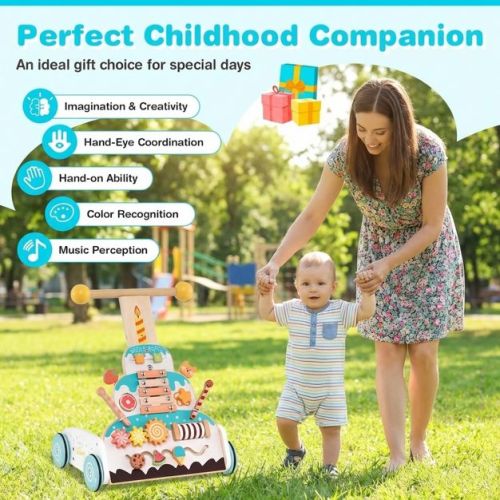 Wooden Baby Push Walker with 8 Activities Adjustable Handle and Xylophone