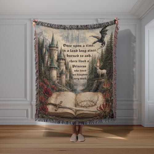 Throne of Glass Woven Throw Blanket, Once Upon a Time Storybook Quote, Fireheart home decor