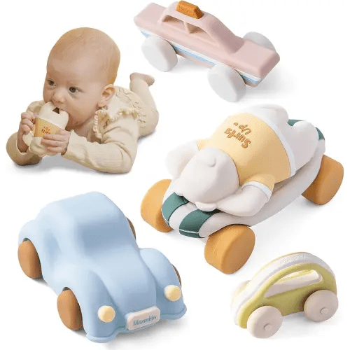 Moonkie Food Grade Silicone Toy Cars for Babies & Toddlers, Push and Go Baby Car Toys 6–12 Months, Baby Teething Toys 4–6 Months, One-Piece Design Infant Toys, Birthday Gifts for Boys & Girls, 5 Pack