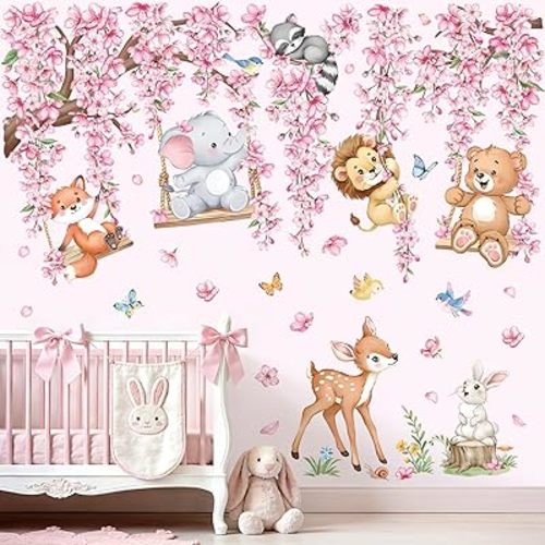 wondever Safari Animal on Swings Wall Stickers Flower Tree Branch Elephant Bear Deer Peel and Stick Wall Art Decals for Baby Nursery Kids Room Girls Bedroom
