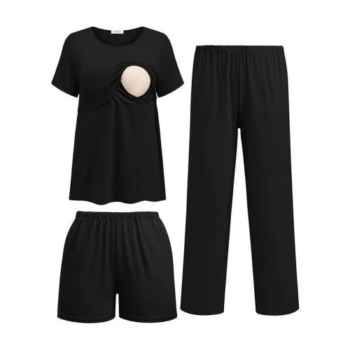 Ekouaer 3 Piece Postpartum Nursing Pajamas Set Short Sleeve Breastfeeding Shirts Pregnancy Shorts & Pants Maternity Pjs Black L