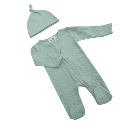 Organic Cotton Long Sleeved Footie Bodysuits with Beanies - Soft and Sustainable Baby Clothing Sets for a Cozy and Cute Look - Sage