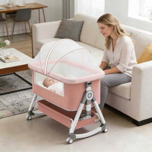 Adjustable 3-in-1 Bedside Bassinet for Newborn, Rocking Baby Crib with Lockable Wheels, Mosquito Net, Thick Mattress and Underbed Storage Basket