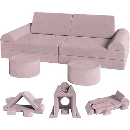 14pcs Modular Kids Play Couch, Toddler Foam Sofa with Convertible Floor Cushions for Fort Building, Kids Furniture for Playroom and Bedroom, Sectional Couch for Boys and Girls Ages 3-8 (Pink)