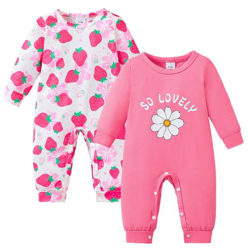 KIMI BEAR Preemie Baby Girl Romper Clothing 2 Packs Shower Gift Long Sleeves Floral Strawberry Bodysuit One-piece Jumpsuit 2pcs Clothes Pink