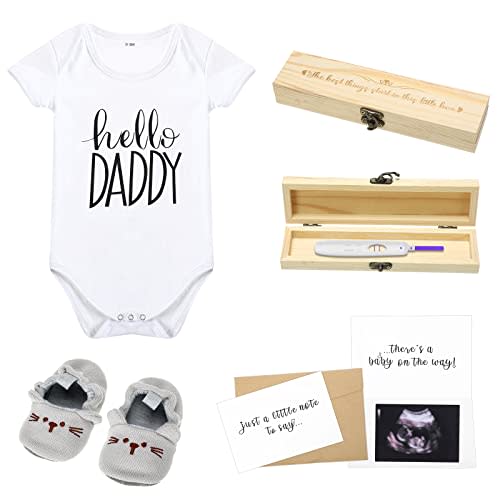 Jiuguva Surprise Pregnancy Announcements for Dad and Husband Pregnancy Test Keepsake Box Wooden Announcement Box Hello Daddy Bodysuit Infant Shoes Reveal Card Envelope Gift Sets for Partner